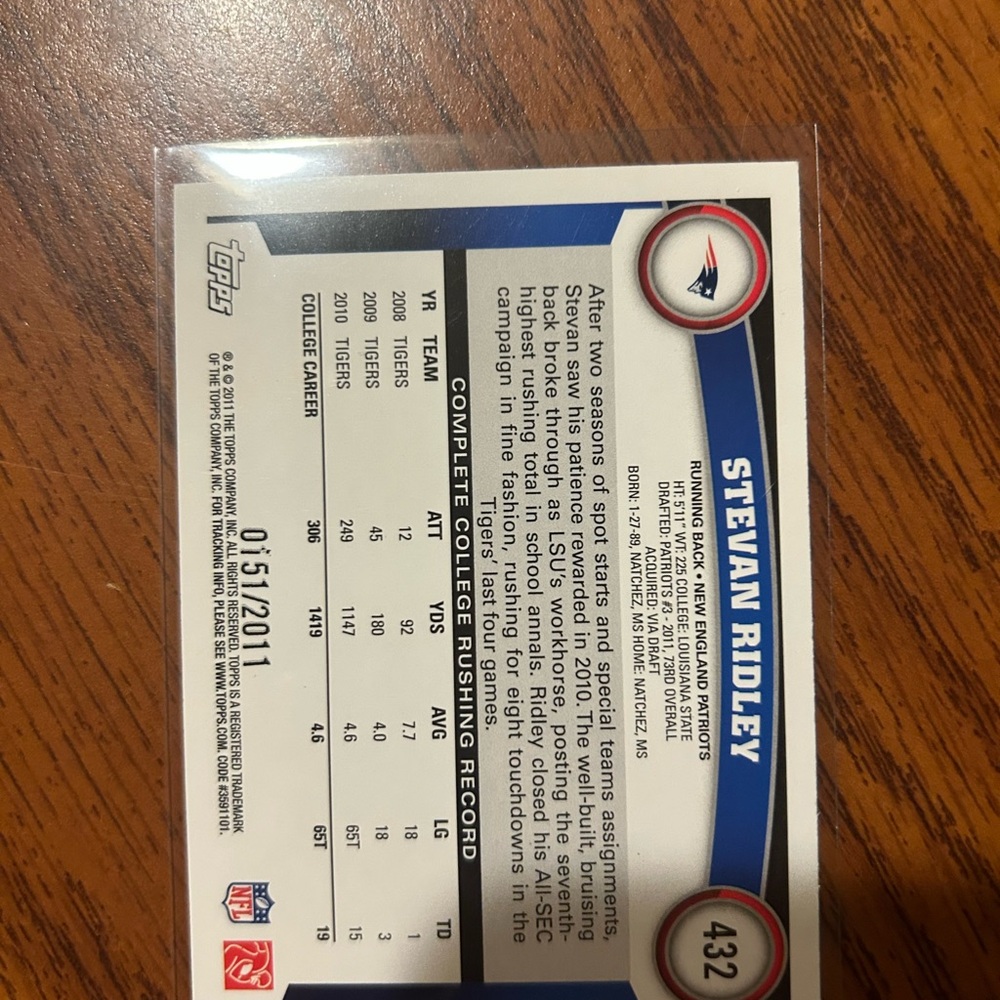 Stevan Ridley 2011 Topps Gold Rookie Card - Picture 2 of 2